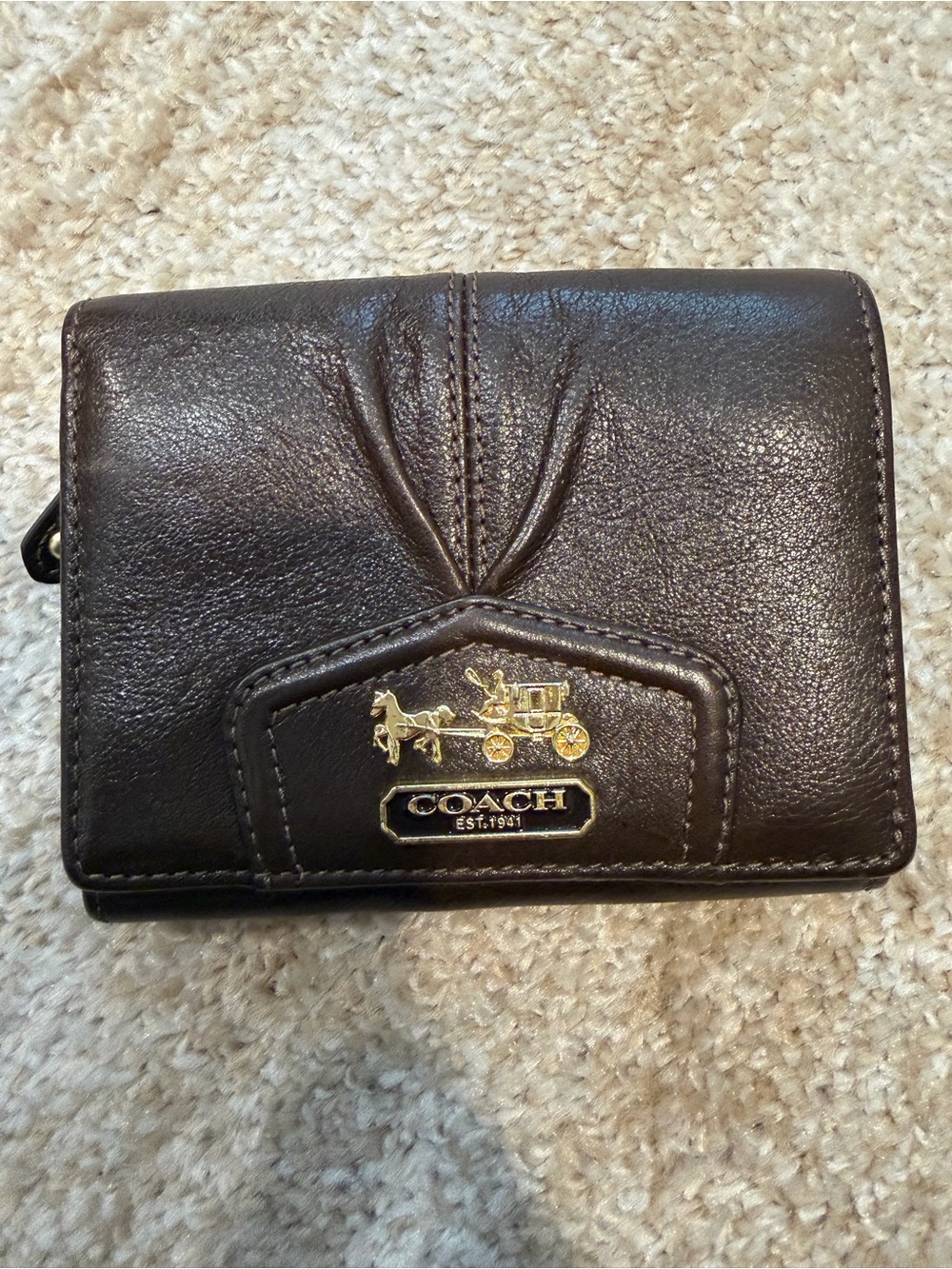 COACH Women’s Brown Leather Trifold Wallet with Gold Logo